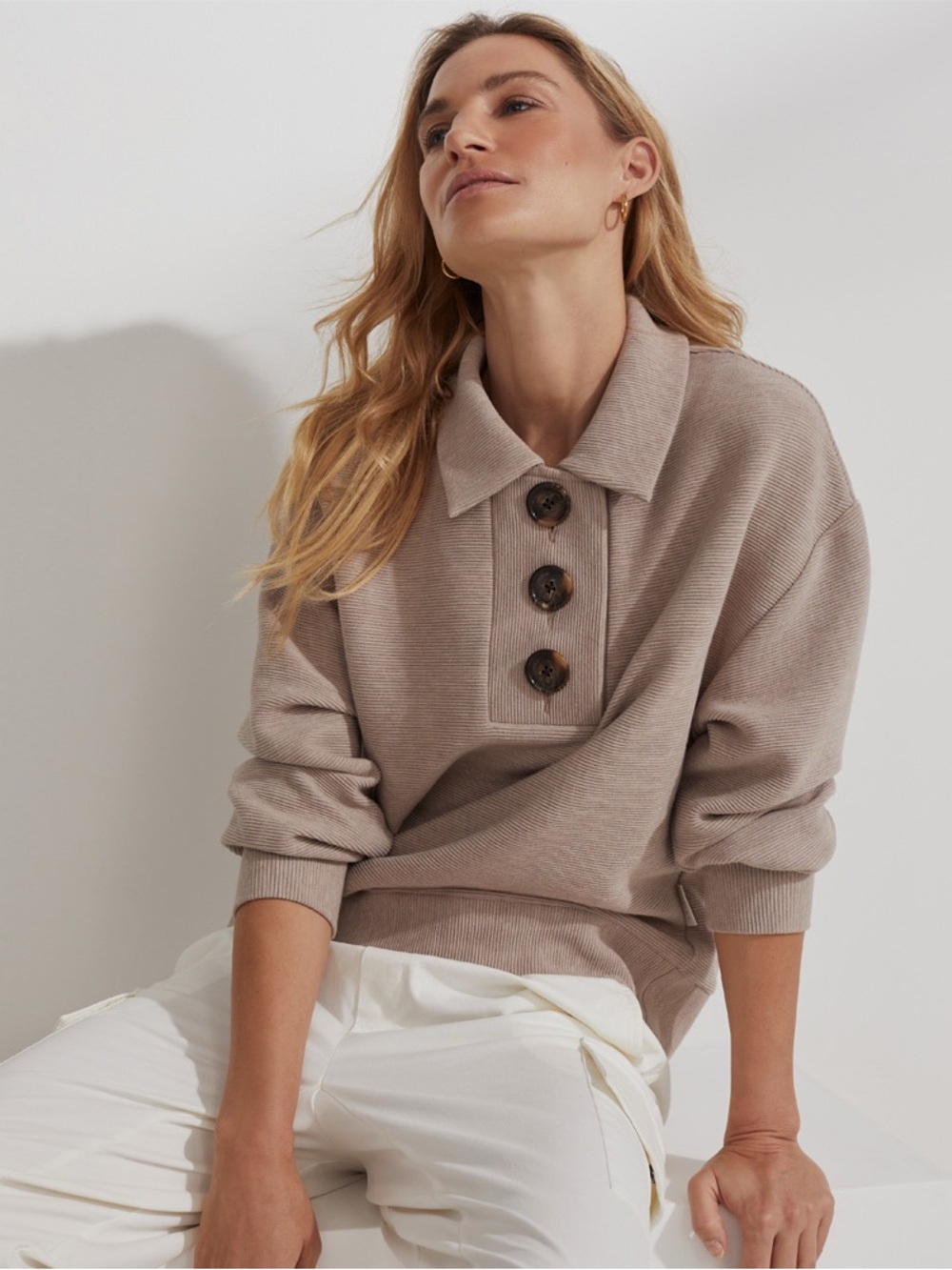 Varley Women’s Andale Sweat Textured Sweatshirt Size Large Taupe Button Ribbed